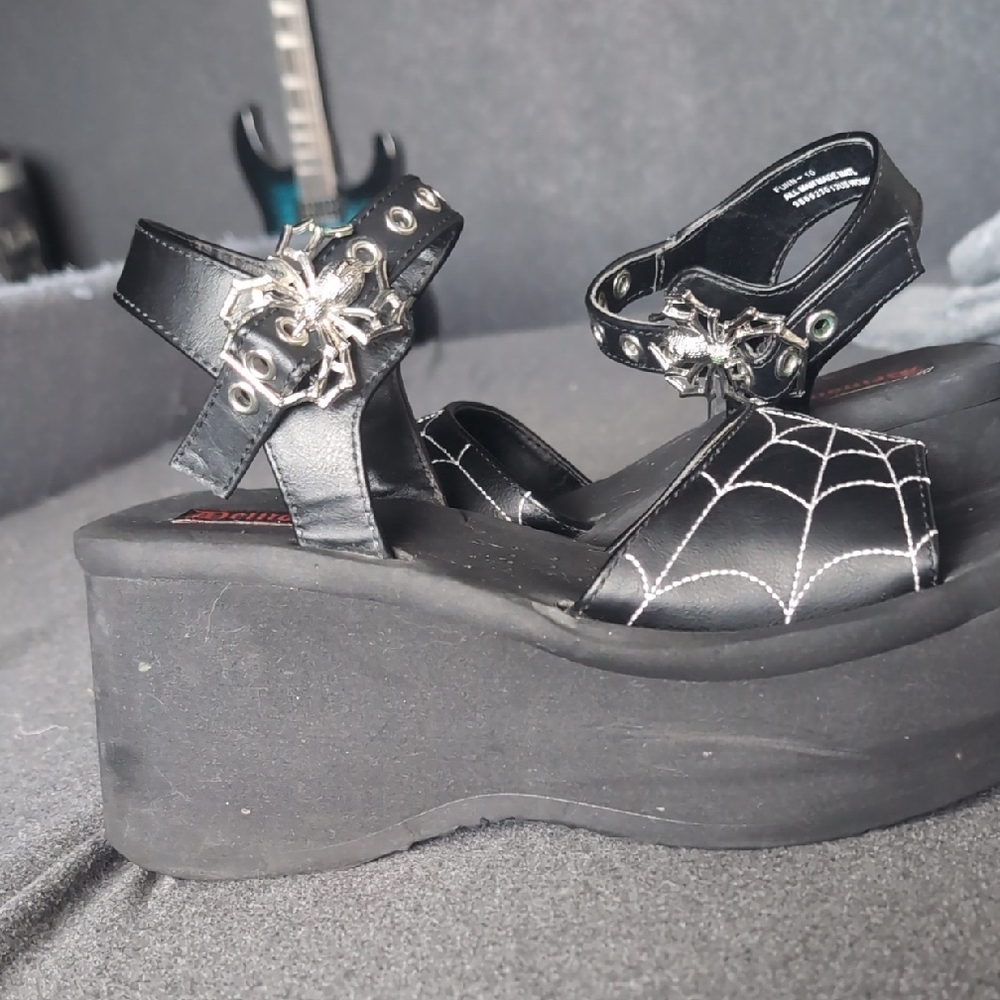 Demonia Black Platform Sandals with Silver Spider Detail